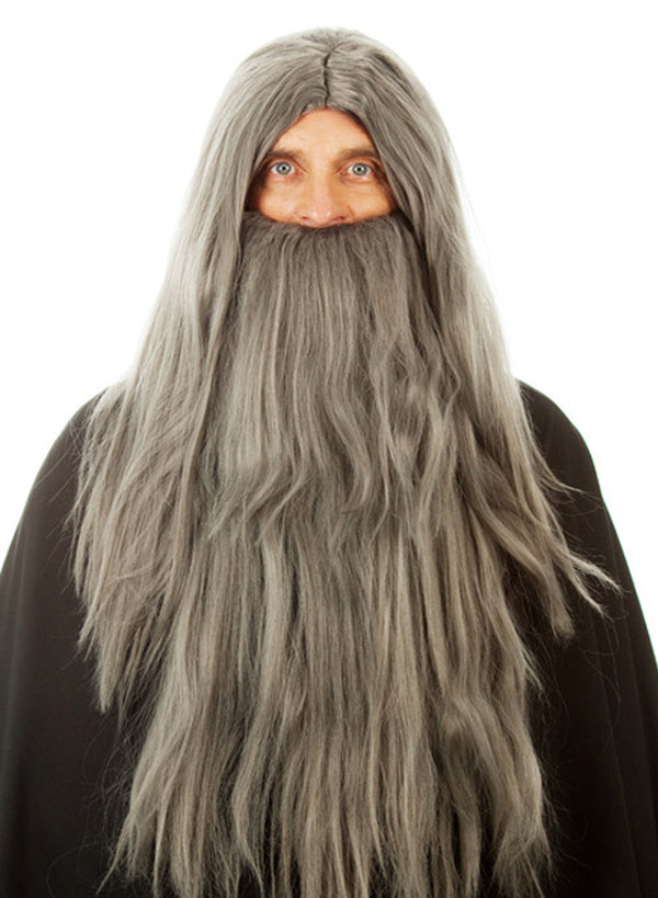 Long Grey Wizard Wig & Beard Set – Ideal for Merlin, Gandalf the Grey, Druid, Sorcerer, and Fantasy Cosplay
