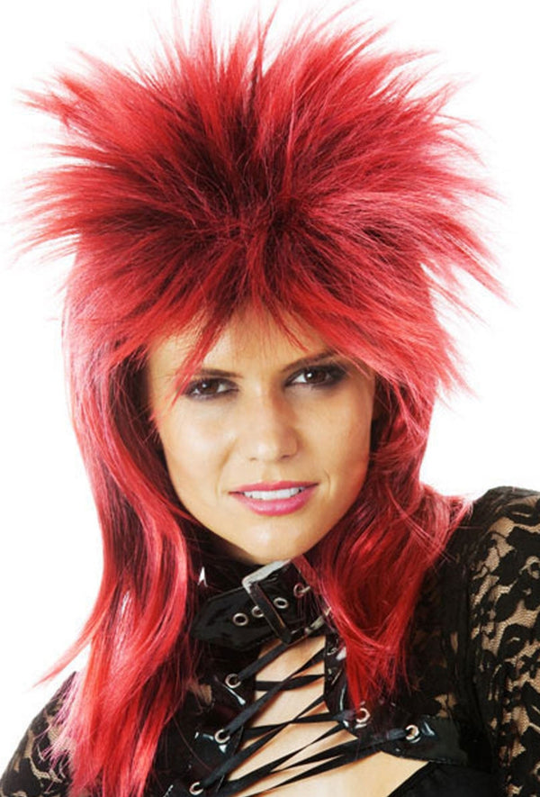 Red/Black 80's Spiky Punk Mullet Costume Wig (Ziggy Stardust)