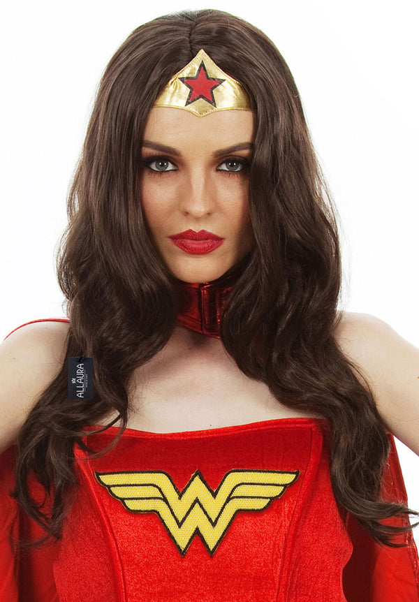 Super Heroine (Wonder Woman) Long Dark Brown Costume Wig