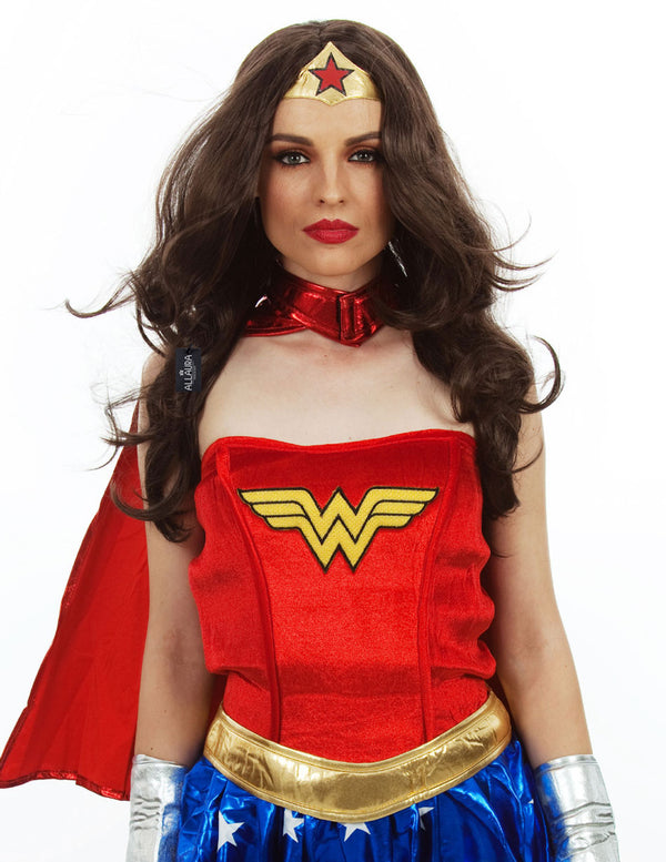 Super Heroine (Wonder Woman) Long Dark Brown Costume Wig