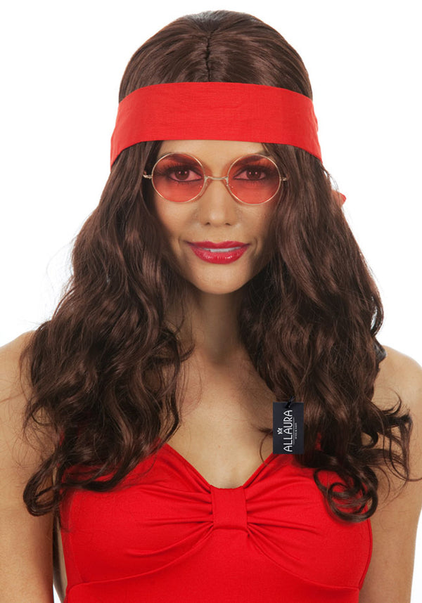 Hippy 60's Wavy Brown Costume Wig with Red Headband - Unisex