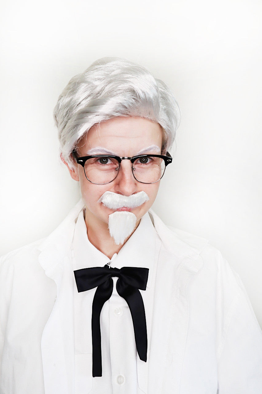 Colonel KFC Grey Wig with Mo Goatee Glasses and Tie Costume Set