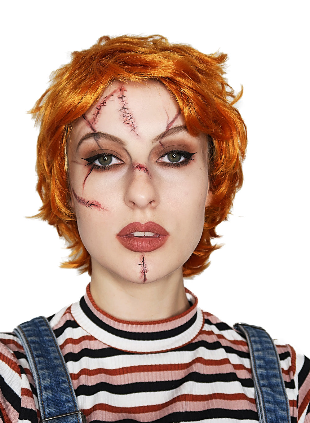 Evil Doll Red Halloween Wig with Scar Tattoos