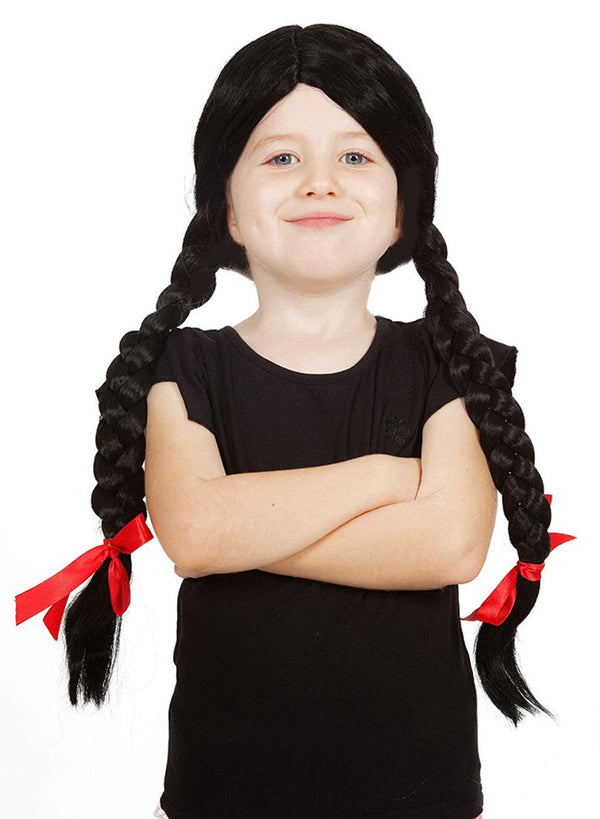Black Pigtail Wig Braids + Red Ribbons Costume Wig