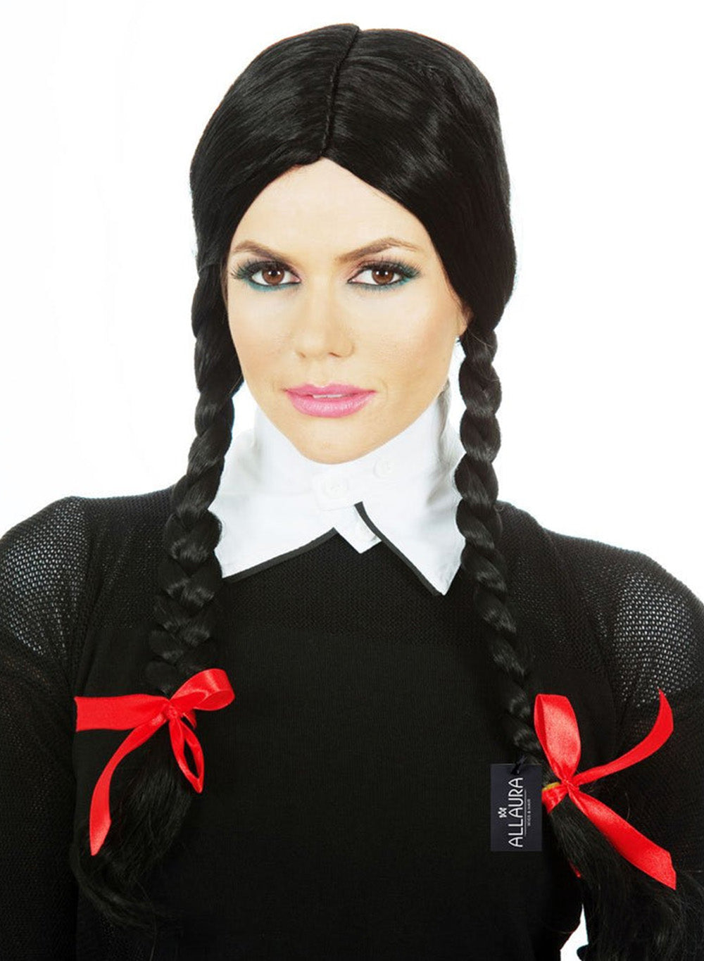 Black Pigtail Wig Braids + Red Ribbons Costume Wig