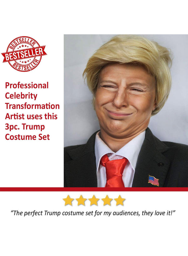 3pc Donald Trump Wig + President Flag Pin + Red Tie Set