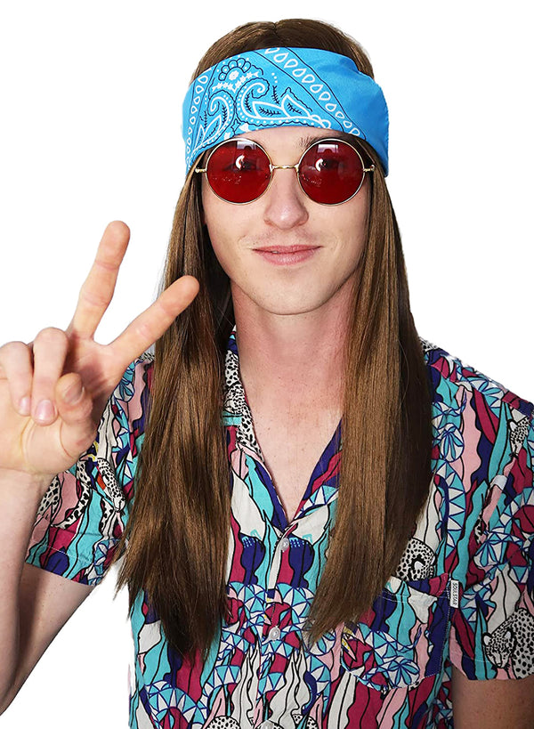 3pc Long Brown Hippie Wig Bandana & Glasses Costume Set